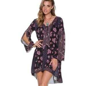 Anna Sui Oneill Boho Black Floral Tie Dottie Dress Small